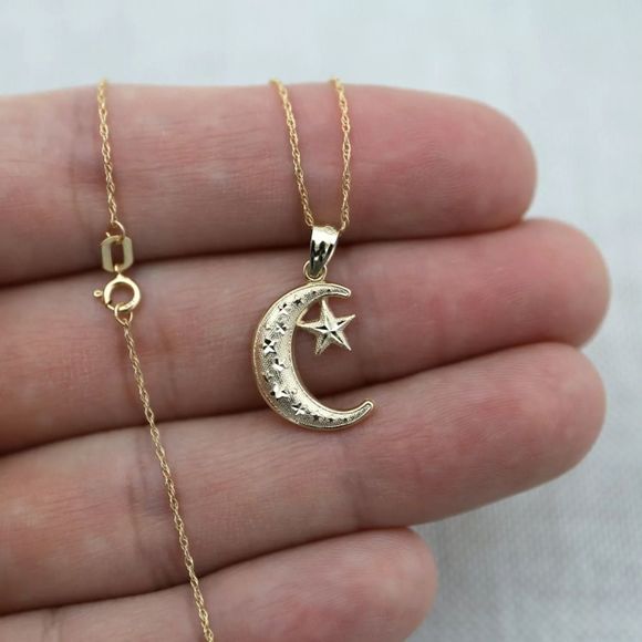 14K Solid Gold Diamond Cut Crescent Moon Star New